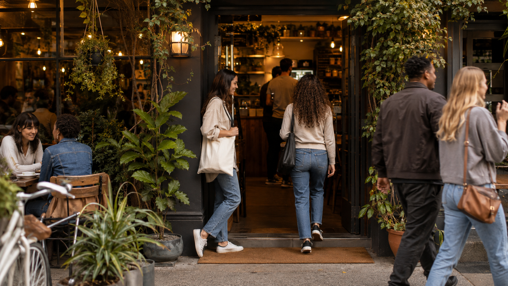 Customers entering and leaving an independent neighborhood business
