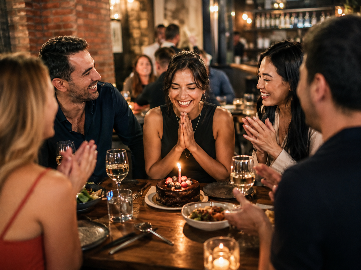 Friends celebrating a birthday inside a restaurant