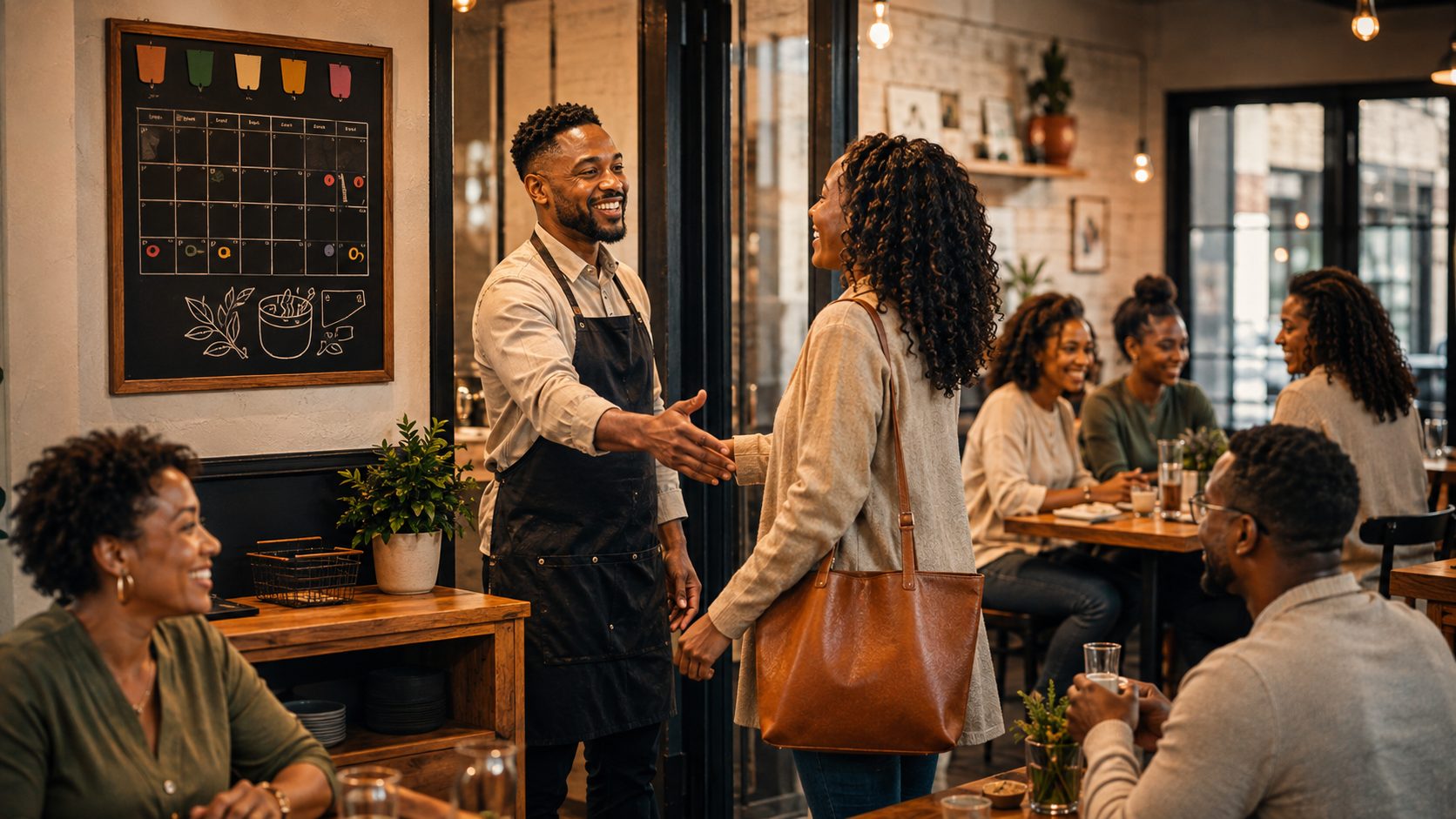 Returning customer being warmly welcomed into a neighborhood restaurant
