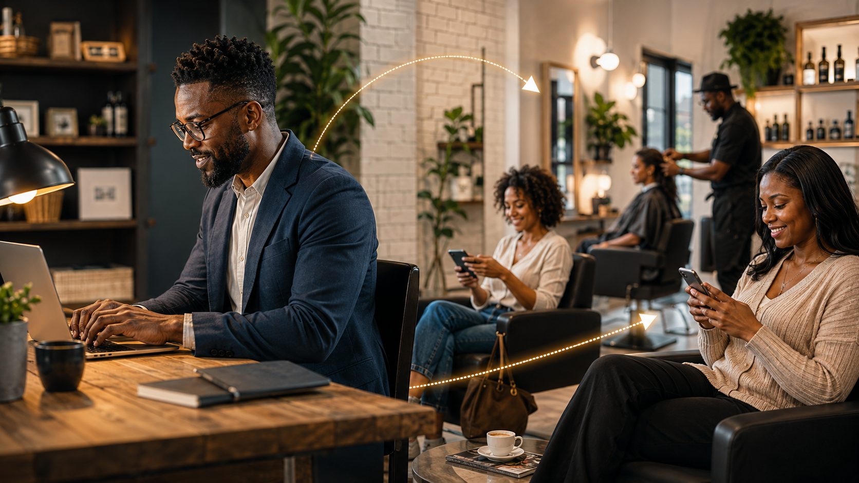 Business owner using a laptop while customers read helpful messages on their phones
